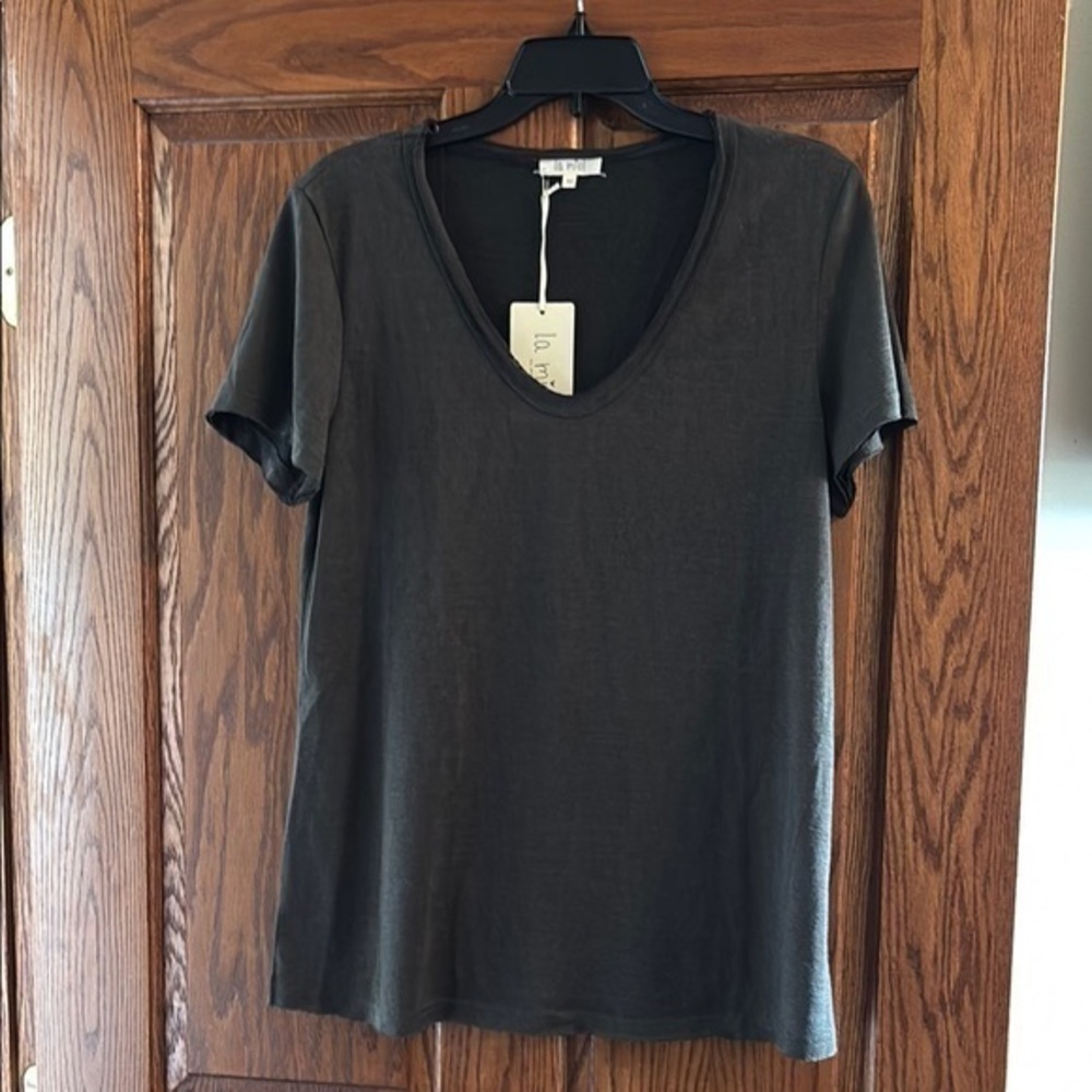 La Miel slate grey rare short sleeve viscose blend raw hem t shirt size Medium